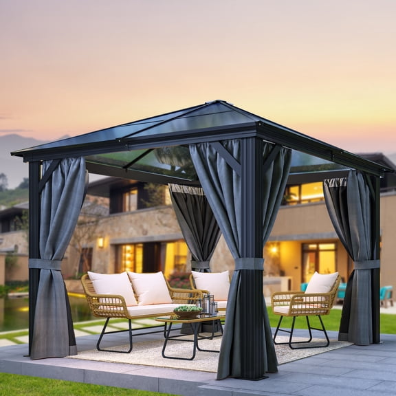 Dextrus 10x10FT Outdoor Single Roof Gazebo Polycarbonate Hardtop with Netting&Shaded Curtains,Sturdy Aluminum Frame Garden Tent,Ideal for Patio, Backyard,Deck and Lawns,Grey Curtain
