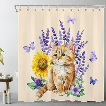 HVEST Cat and Flower Shower Curtain for Bathroom,Yellow Sunflower and Purple Lavender Butterfly Country Nature Fabric Shower Curtain with Hooks,Farmhouse Bathroom Curtain Shower Set, 72x78 inches