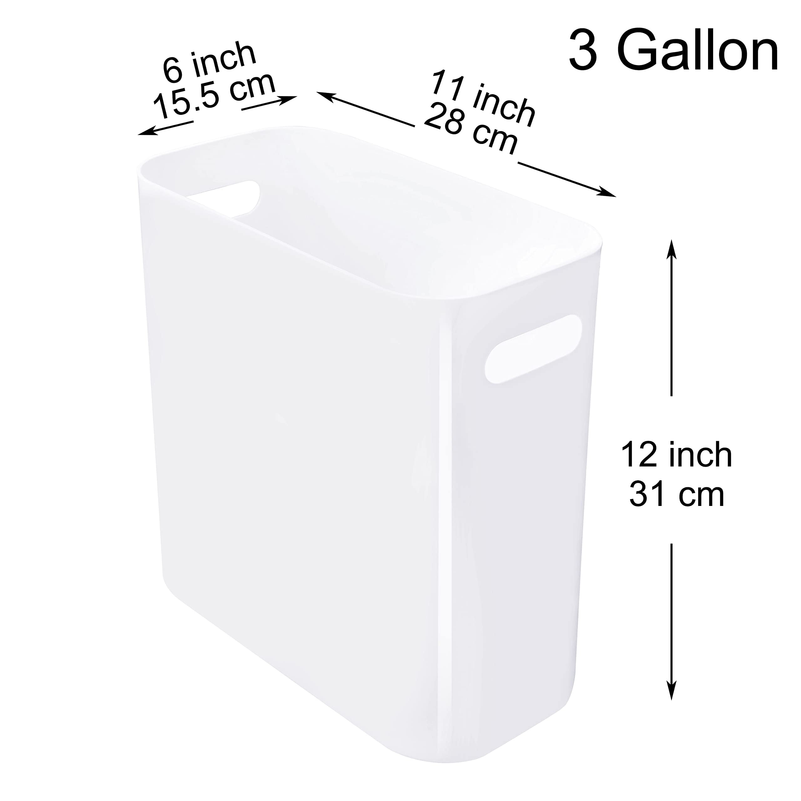 Youngever 2 Pack 3 Gallon Slim Trash Can, Plastic Garbage Container Bin, Trash Bin with Handles for Home Office, Living Room, Study Room, Kitchen, Bathroom (White)