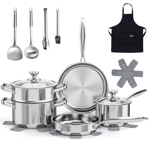 Meythway Pots and Pans Set Non Toxic, 16PCs Stainless Steel Cookware Set with Steamer, Kitchen Induction Cookware with Utensil Sets, Pot Protectors a