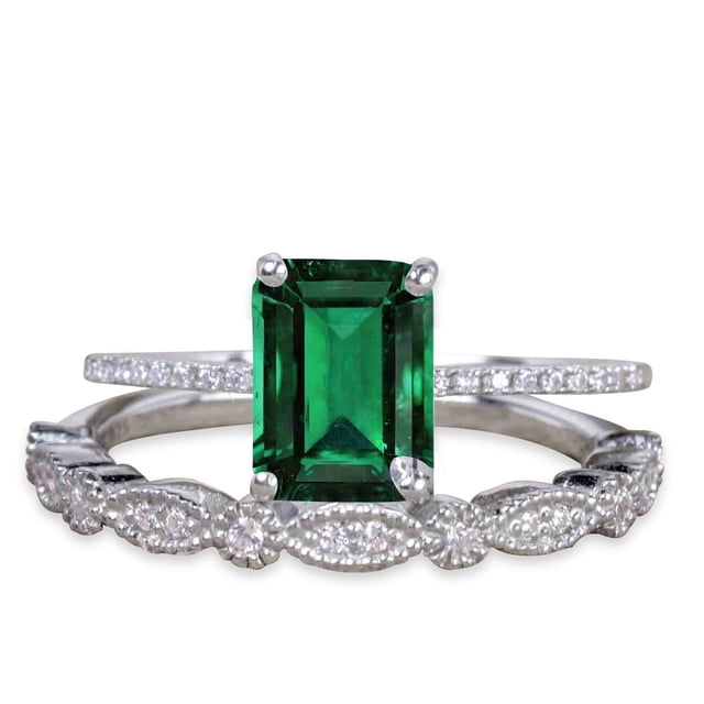 JeenMata Anillo de Bodas Hecho a Mano con Esmeralda Verde Rectangular de 1,50 Quilates Creada en Laboratorio Engastado en Oro Blanco de 18 K sobre Plata