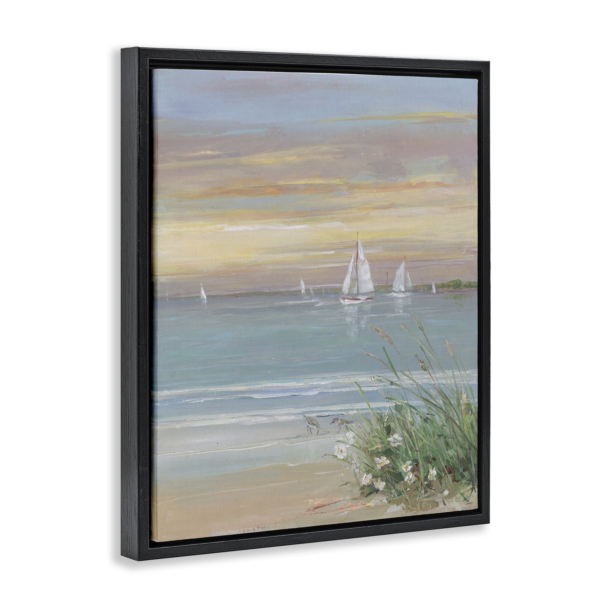 Stupell Industries Sailboats Beyond Sandy Shore Black Framed Floater Canvas Wall Art, design by Sally Swatland