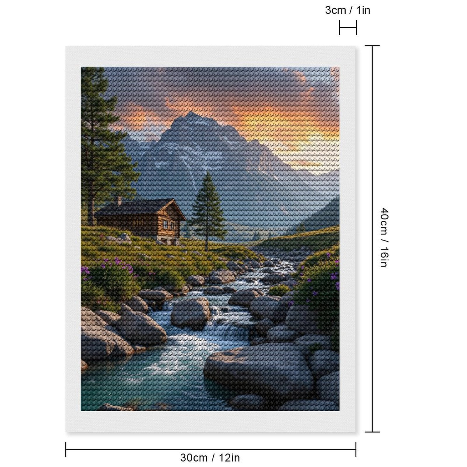 Diamond Art Kits for Adults, Mountain Cabin Stream Sunset Scene 5D Diamond Painting Kits for Adults Beginners, DIY Full Drill Diamond Painting, Gem Art and Crafts 12x16