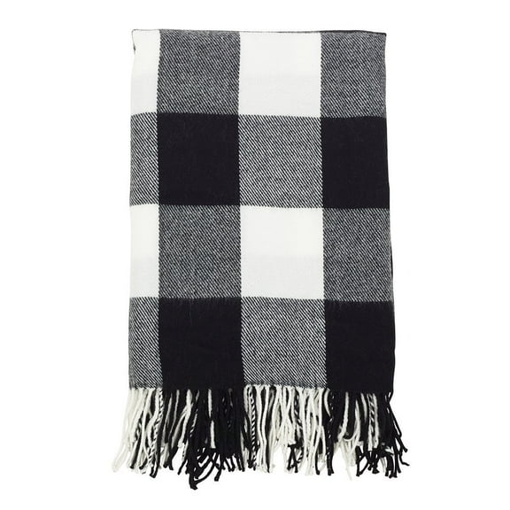 K-Cliffs - Buffalo Plaid Checkered Tassel Throw - Black/White - 50"x60"