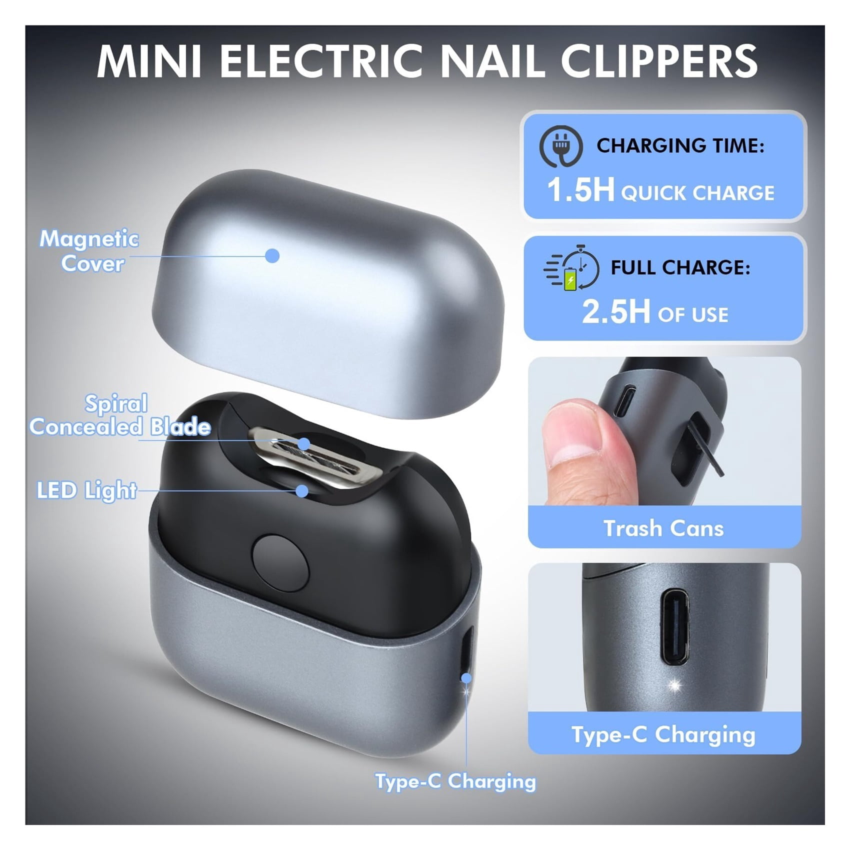 Electric Nail Clipper with Light, Automatic Nail Clipper Rechargeable with 2 Speeds and Nail Chip Storage for Babies, Children, Adults, Caregivers and Seniors