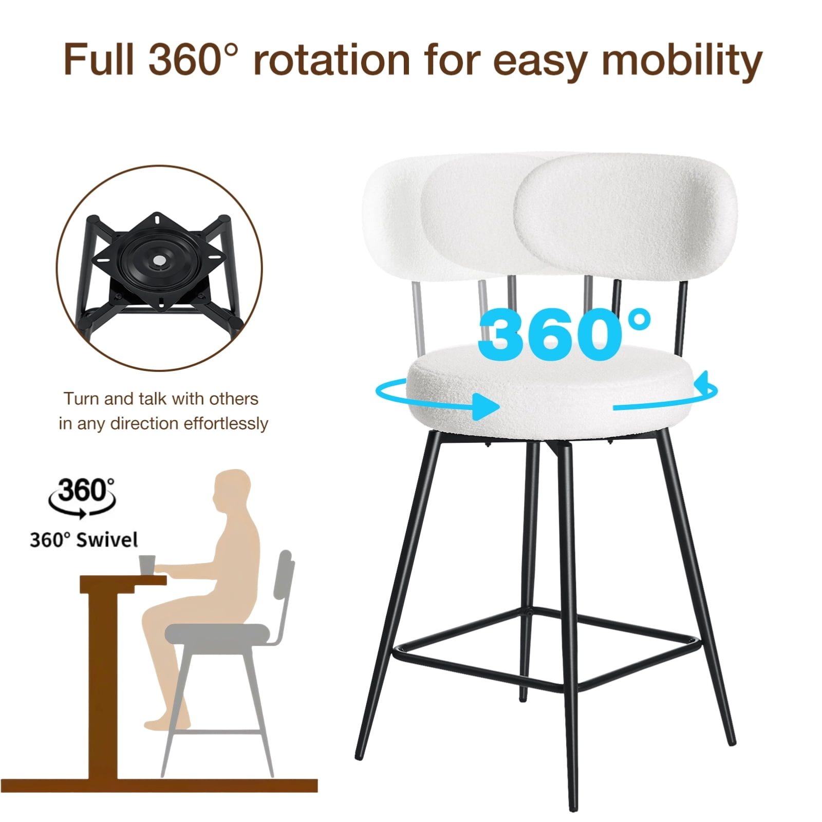 Hommpa 26" Swivel Bar Stools Set of 2 with Back Upholstered Counter Height Modern Boucle Bar Chairs with Metal Frame & Footrest 360° Swivel Dining Pub Chairs for Kitchen Island