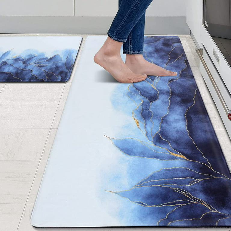omezin Blue and Gold Kitchen Rugs Set 2 PCS Anti Fatigue Non Skid Mats  Waterproof Cushioned Kitchen Sink Mats Padded Kitchen Mats for Standing  Floor