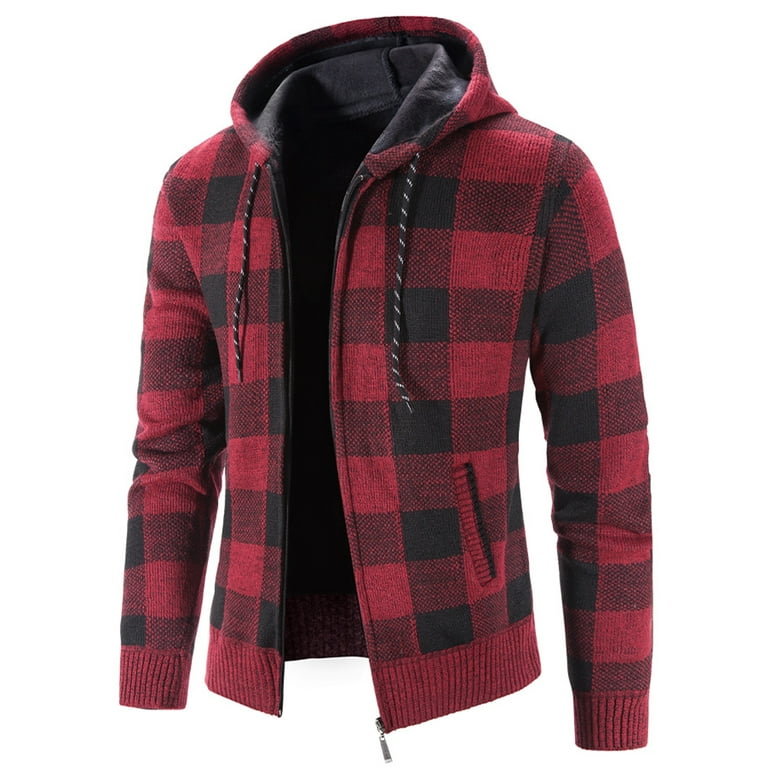 Frontwalk Winter Pockets Jacket Hoodies for Men Plaid Hooded