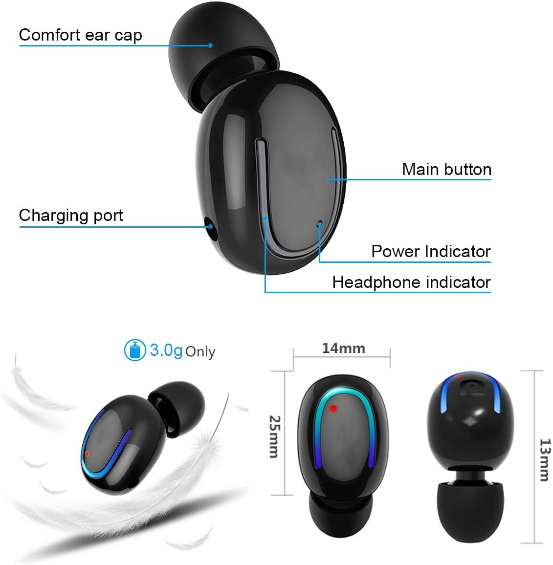 Bluetooth Earpiece Wireless Headphone Mini Invisible Earbud, 6 Hrs Playtime Tiny Smallest Headset Single Car Earphone with Mic for iPhone Samsung Galaxy (1 Piece) - image 4 of 7