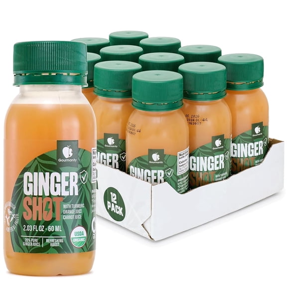12 Organic Ginger Shots, 2oz Each, Potent Ginger and Turmeric Shot with Orange and Carrot Juice, by Gourmanity
