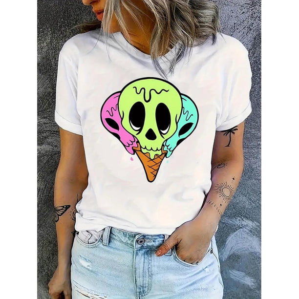 Women's Trendy Skull Ice Cream Graphic Tee - Black Casual Round Neck Short Sleeve Shirt with Green & Pink Drip Design, Soft Polyester Blend for Summer Comfort