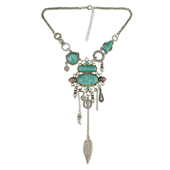 Retro Bohemian Turquoise Tassel Chain Choker Pendant Necklace - , as described