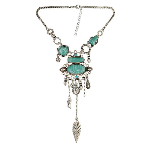 Collar con colgante de borla con incrustaciones de turquesa azul bohemio étnico para mujer para fiesta Plata