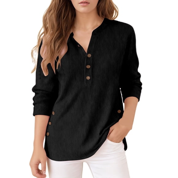 Arlun Chandails à Manches Longues pour Femmes de Couleur Unie, Coupe Ample, Quart de Boutons, Col Rond, Chandail Tricoté, Hauts, Couleur Unie, Tendance, Ourlet Asymétrique, Chandail Léger, Noir, TG