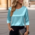 thumbnail image 6 of Women Satin Blouse 3/4 Sleeve Crew Neck Loose Fit Basic Top Soft Silky Shirt Lightweight Office Casual Wear Sky Blue S, 6 of 6