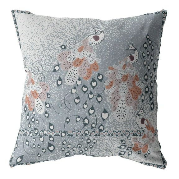 16â€ Gray Orange Boho Bird Indoor Outdoor Throw Pillow