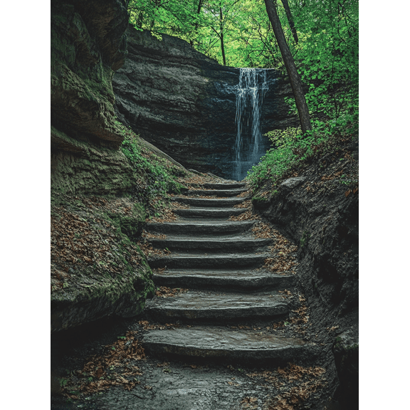 Forest Waterfall Stone Steps Canvas Print/Wall Art, Suitable for Living Room, Bedroom, Bathroom, Office, and Hallway Decoration.
