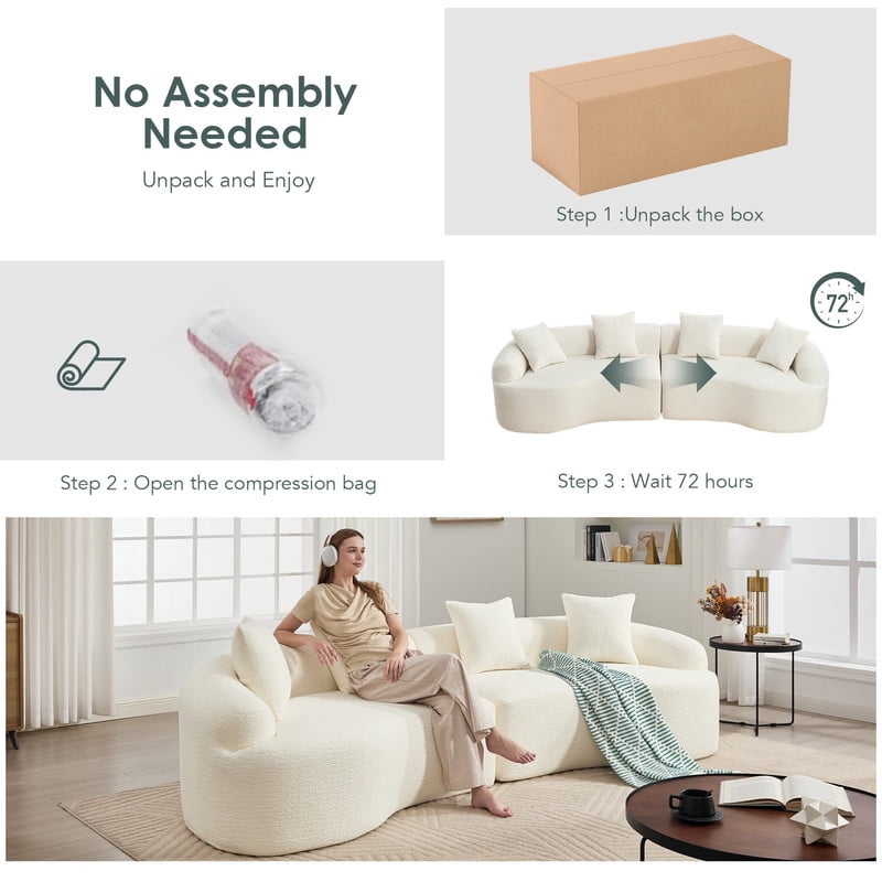 Curved Sectional Sofa with 4 Throw Pillows, Modern Luxury Chenille 4-Seater Cloud Couch with Deep Seat for Living Room, No Assembly Needed
