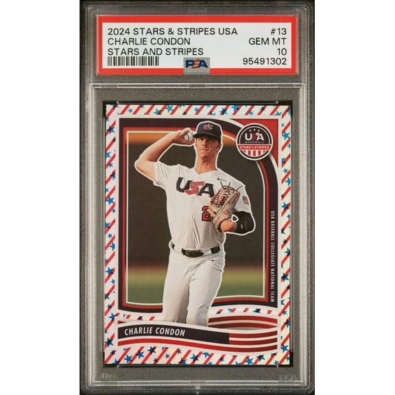 Graded 2024 Panini Stars & Stripes USA Charlie Condon #13 Stars & Stripes #/50 Rookie RC Baseball Card PSA 10 Gem Mint