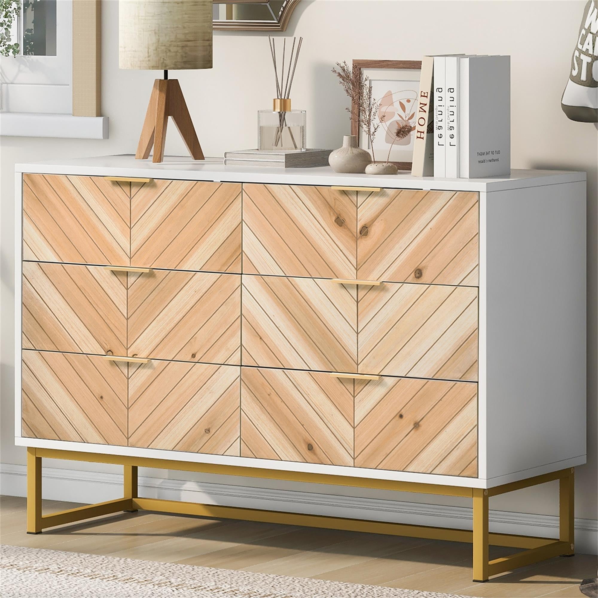 Kadyn 6 Drawer Dresser, Chest of Drawers with Metal Leg and Handle, Particle Board Storage Cabinet for Bedroom, White+Natural Kadyn 6 Drawer Dresser, Chest of Drawers with Metal Leg and Handle, Particle Board Storage Cabinet for Bedroom, White+Natural