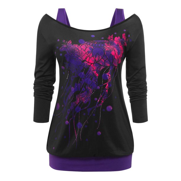 Talla grande recorte impreso 2 en 1 camiseta Rosegal Mangas largas de talla grande