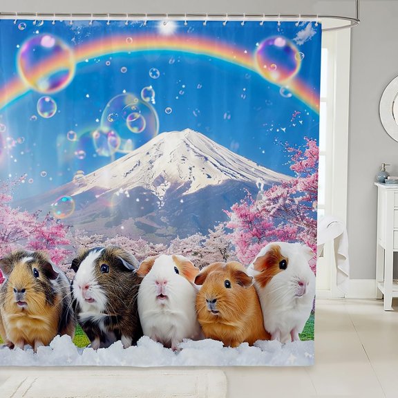 Guinea Pig Shower Curtain for Girls Boys Kids Cute Cavy Lovely Pet Bath Curtain Rainbow Mountain Landscape Bathroom Shower Curtain Set Room Decor Cherry Tree Waterproof Polyester Curtains 72x72 Inch