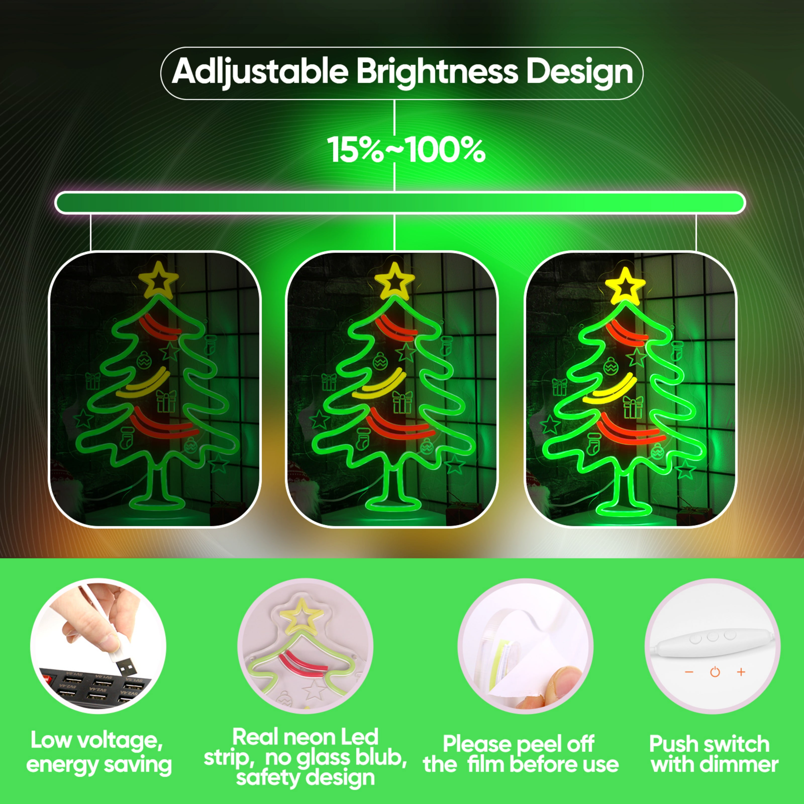 UPONRAY Christmas Tree Neon Signs, 15.7"*11" Dimmable & USB-Powered LED Neon Light, Stylish Wall Decor for Christmas Tree, Bed Room, Living Room, Party, Bar