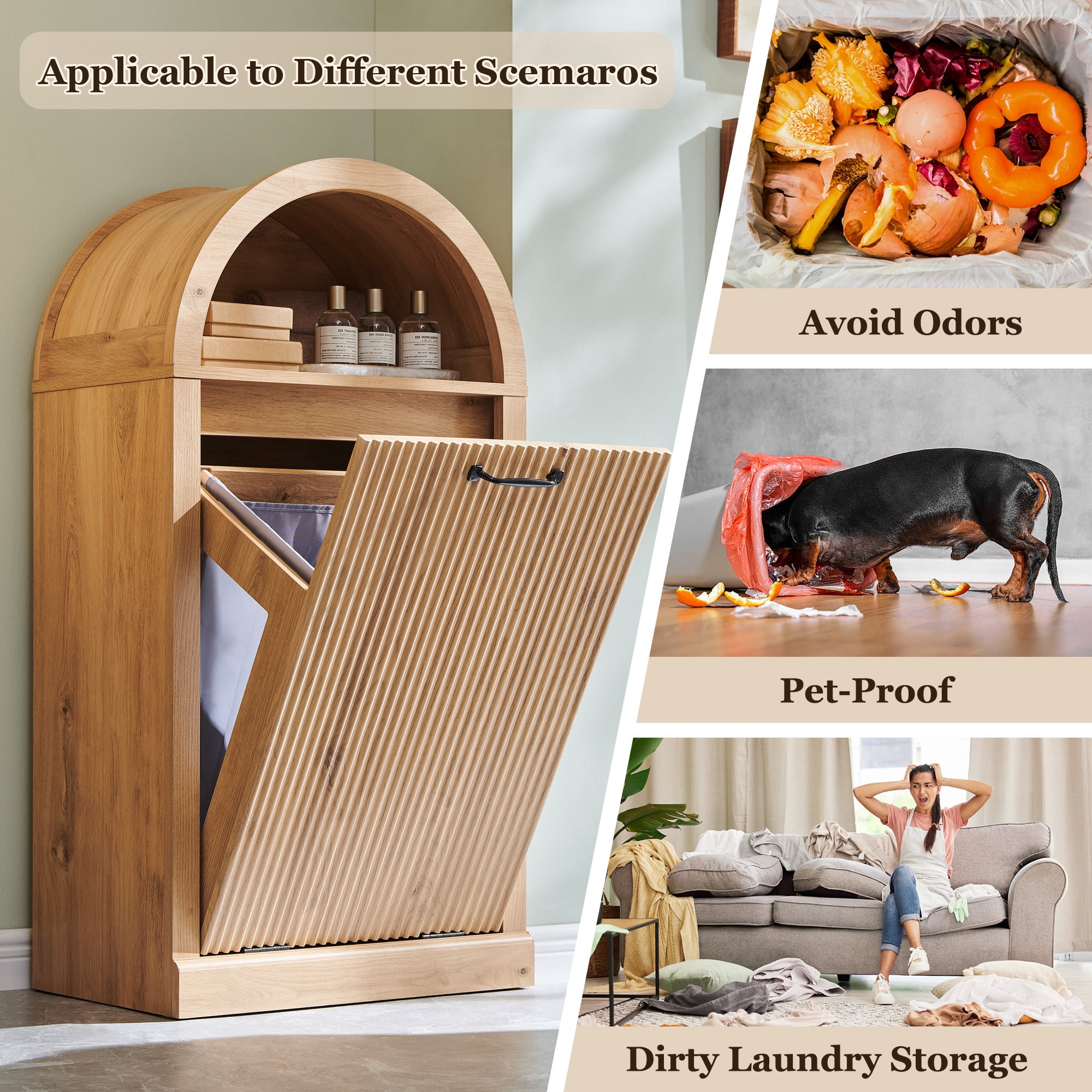 SinCiDo Arched Laundry Hamper Cabinet, 10 Gallon Fluted Hidden Garbage Can Cabinets with Laundry Basket, Free Standing for Bathroom & Kitchen, Natural Oak