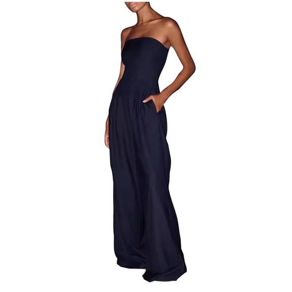 Hurxie Women's Strapless Jumpsuits Ruched Wide Leg Long Pants Romper Navy S