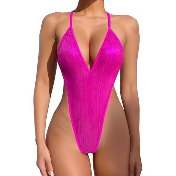 Coco&Chic Liquid Metallic Backless Glitter One Piece Swimsuit Female Shiny Solid Body Suit Set Halter Bathing Suit Bikini
