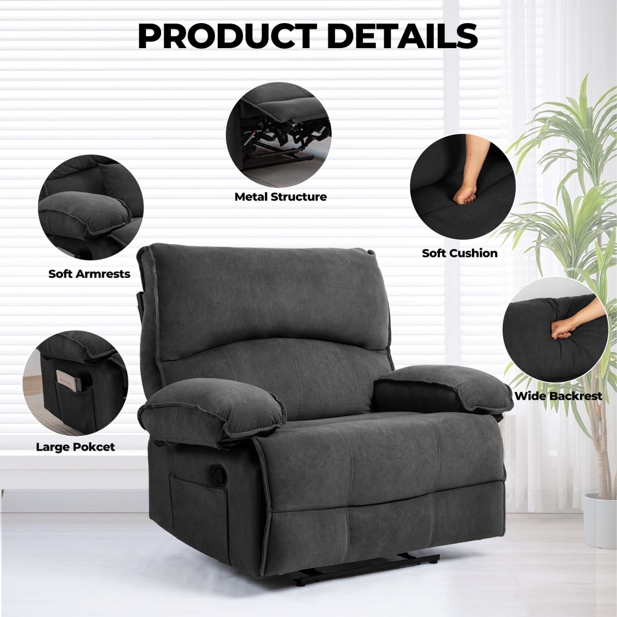 Oversized Recliner Chair, Large Wide Seat Manual Comfortable Recliner with Pockets,Recliner Chair Lounge Chair for Adults Living Room, 350 lb Weight Capacity, Grey