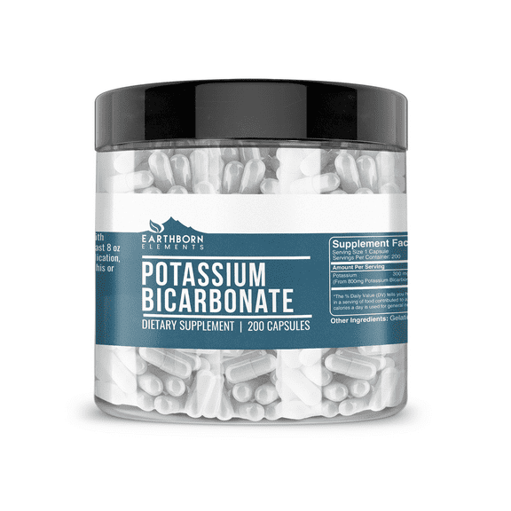 Earthborn Elements Potassium Bicarbonate 200 Capsules, Pure & Undiluted, No Additives