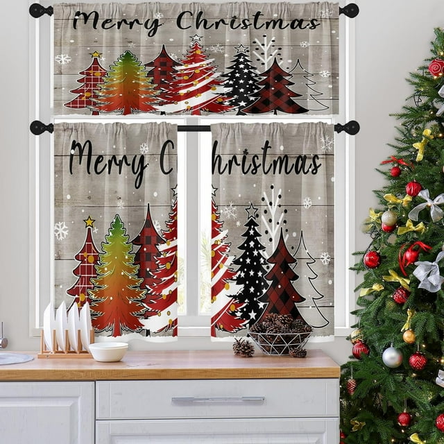 Christmas Tree Wood Kitchen Curtains with Valance and Tier Sets 36 Inch, 3 Pieces Snowflakes Rod Pocket Drapes Window Treatment Curtains for Kitchen Over Sink Bed Room Decor