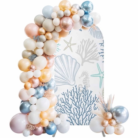 Blue Aqua Grey Coastal Arch Backdrop Cover 5Ft, Wedding Arch Covers Stretchy Backdrop, Summer Beach Coral Shell Starfish Fitted 2 Sided Arched Photo Background for Birthday Party Decorations