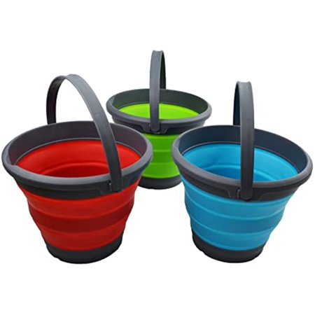 Sammart 5.5L (1.4 Gallon) Set Of 3 Collapsible Plastic Bucket - Foldable Round Tub - Portable Fishing Water Pail - Space Saving Outdoor Waterpot. (Turguoise & Green & Crimson)