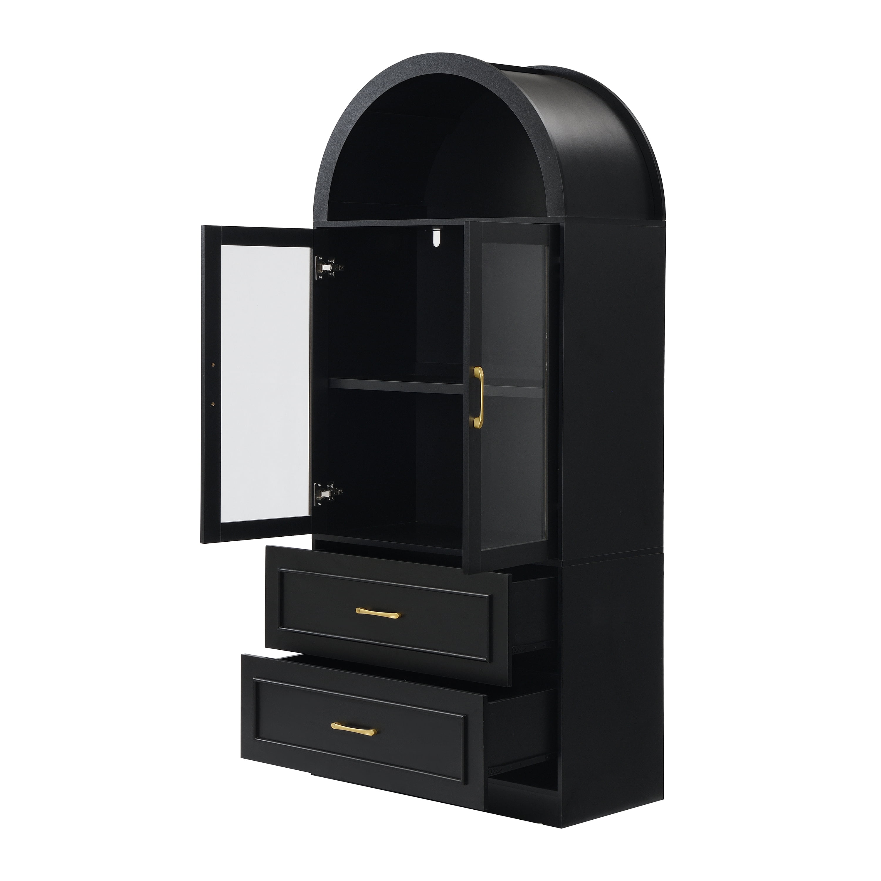 Euroco 71.25" Tall Arched Kitchen Pantry Cabinet,Farmhouse Wood Arched Storage Cabinet with Glass Door & 2 Drawers for Kitchen & Living Room,Black