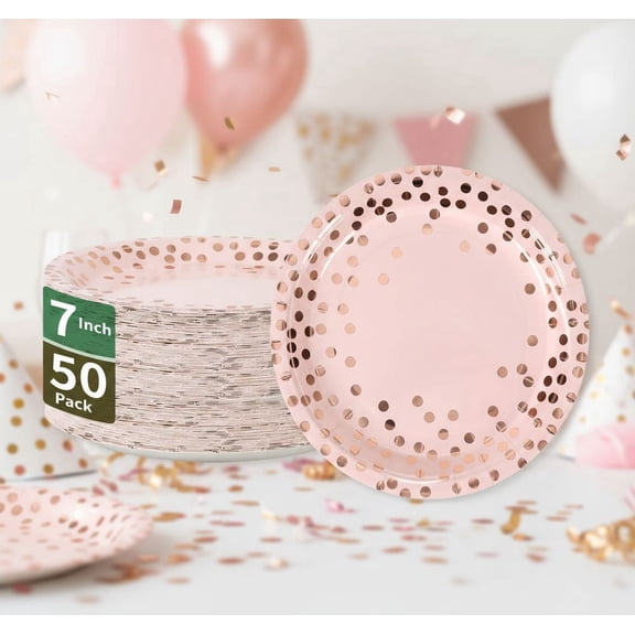 Pink & Rose Gold Dots Party Paper Plates, 50 PCS Disposable Party Supplies Dessert Paper Plates for Birthday Wedding  Bridal Christmas Shower Supplies (7 inches)