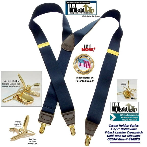 HoldUp Brand Dark Ocean Blue Y-back Casual Series Suspender with patented no-slip clips