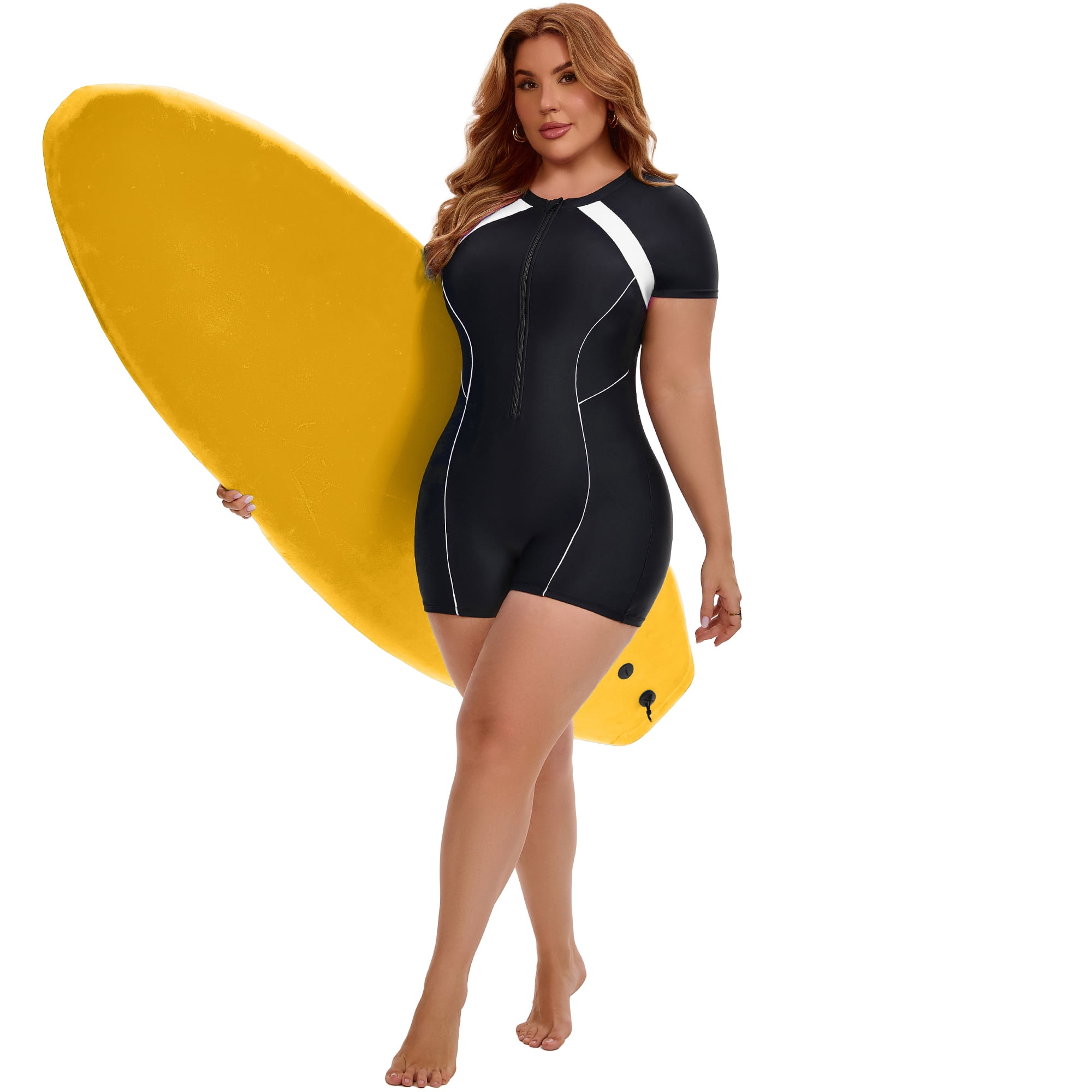 DARING DIVA Women's Plus 1 Piece Surfing with Short Swimwear 2X Black White