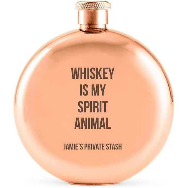Weddingstar Customizable Rose Gold Stainless Steel Round Hip Flask \u2013 Spirit Animal Engraving