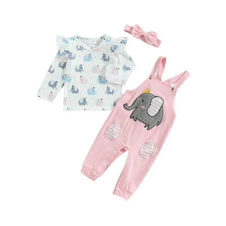 

TFFR 3Pcs Baby Girls Lovely Set Elephant Print Long Sleeves Tops Suspender Pants Headband Fall Outfits