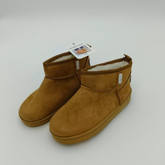 FOREADA Boots Fleece Lined Ankle Boots, Camel Suede, Winter Comfort, Slip-on Style