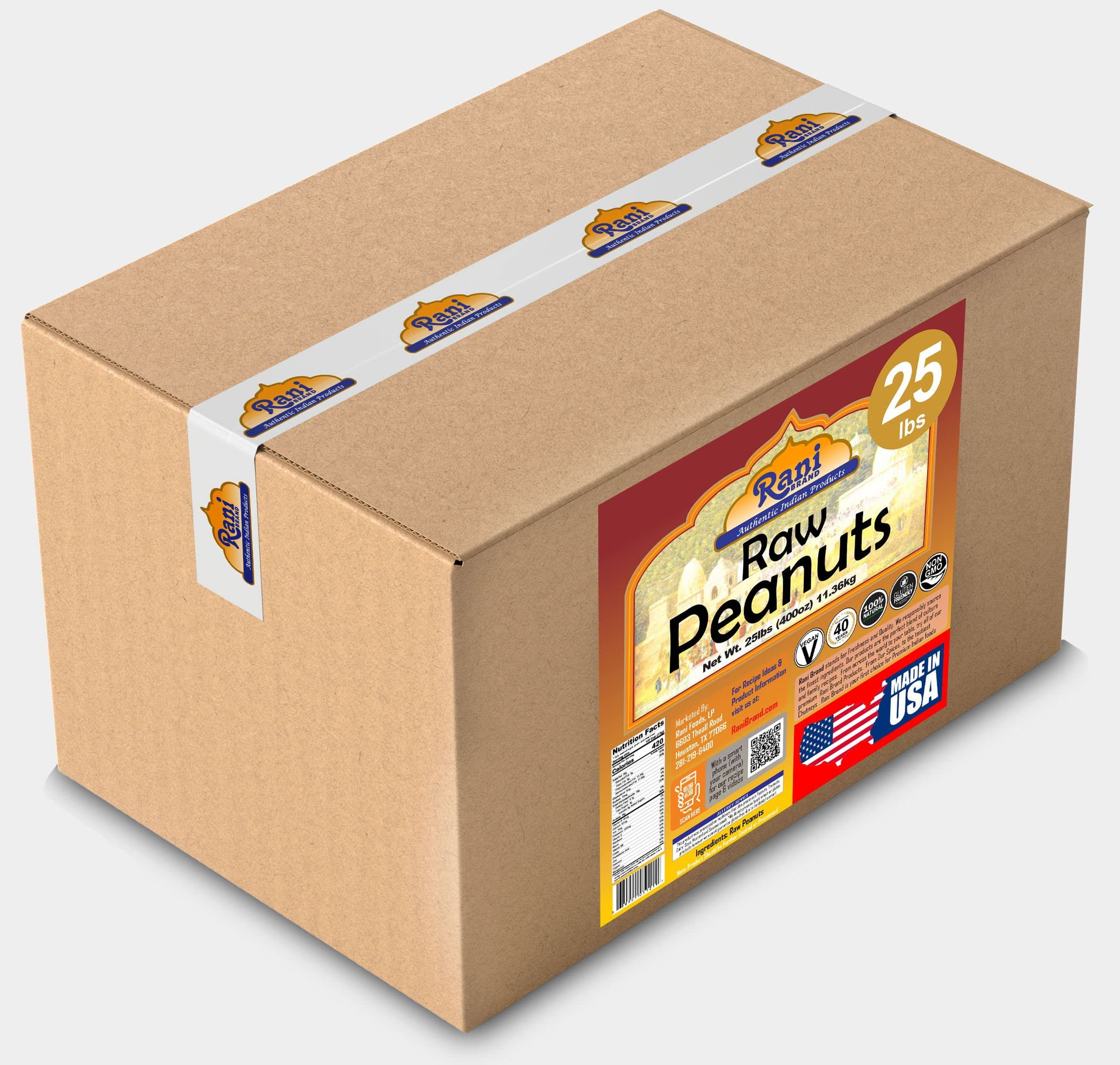 Rani Peanuts, Raw Whole With Skin (uncooked, unsalted) 25lbs (400oz) 11.36kg ~ All Natural | Vegan | Gluten Friendly  ~ Spanish Grade Groundnut / Red-skin
