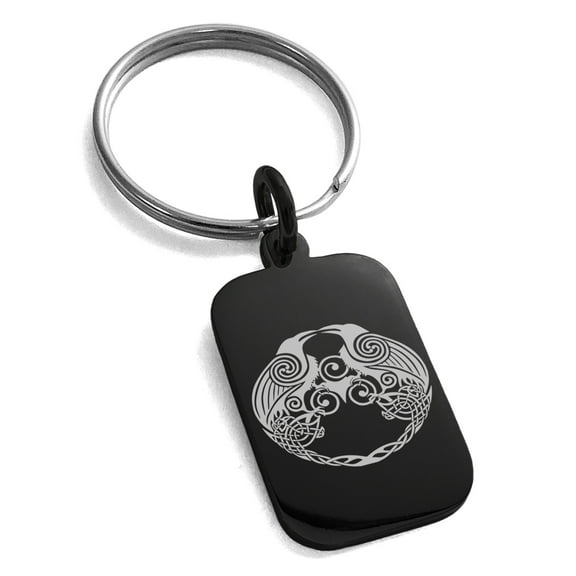Stainless Steel Yggdrasil Huginn & Muninn Odin's Ravens Engraved Small Rectangle Dog Tag Charm Keychain Keyring