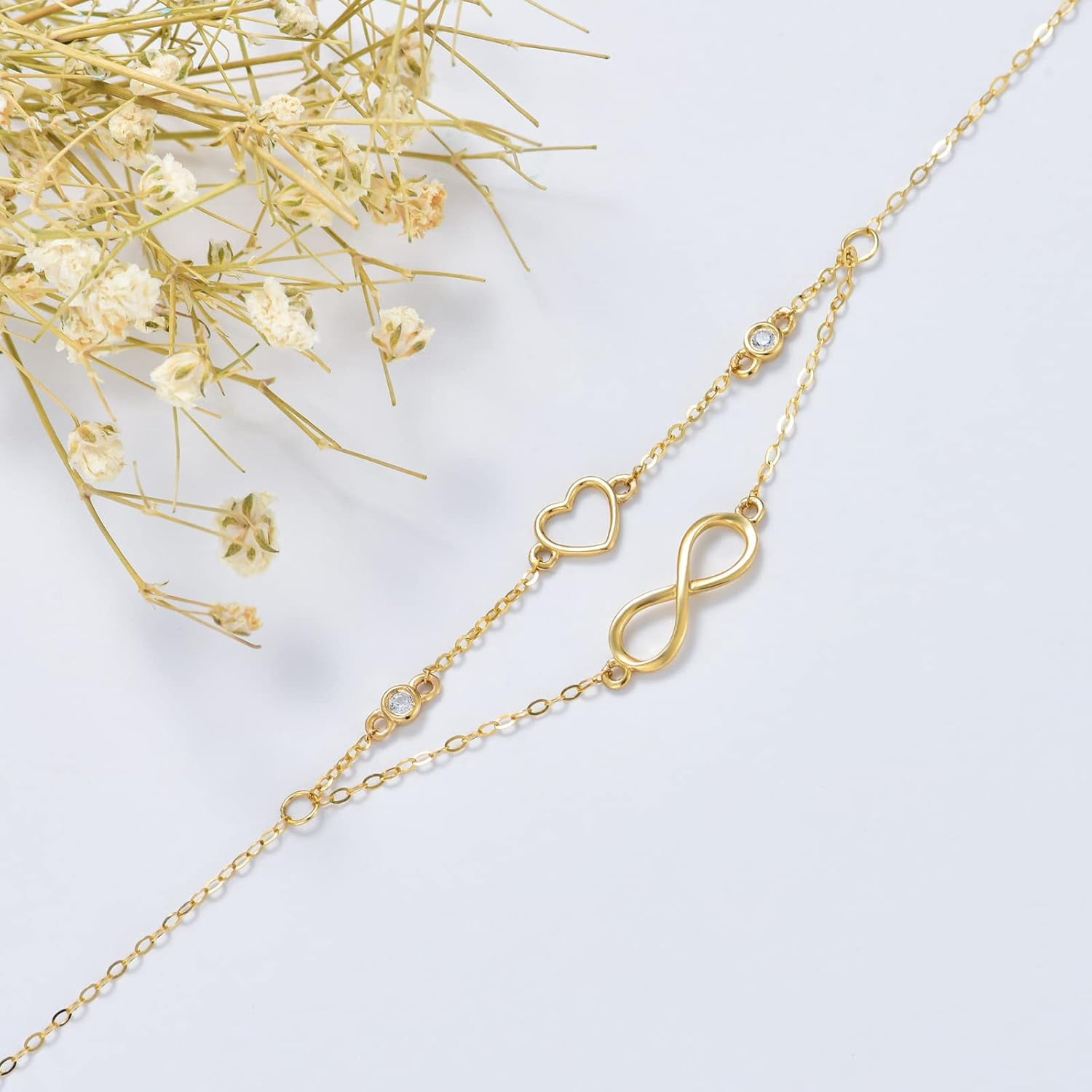 JKR 14K Real Gold Infinity Heart Anklet for Women, Yellow Gold Infinity Layered Anklets Bracelets Beach Foot Jewelry Birthday Valentines Day Gifts for Her, 8+2 Inch