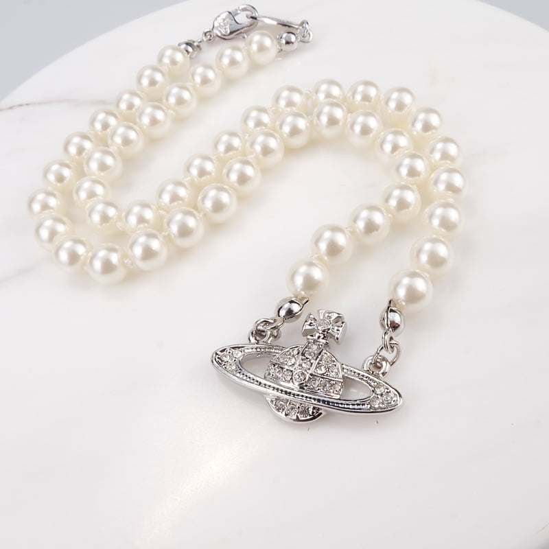 Saturn Necklace White Pearl Bead Necklaces Crystal Rhinestone Saturn Planet Necklace 