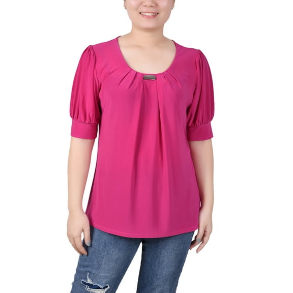 NY Collection Women's Short Sleeve Balloon Sleeve Top with Hardware