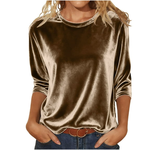 ZUKMRJPC Velvet Tops for Women Long Sleeve Crewneck Slim Fit Soft Comfy Tee Shirt Fall Solid Color Casual Trendy Pullover Tops