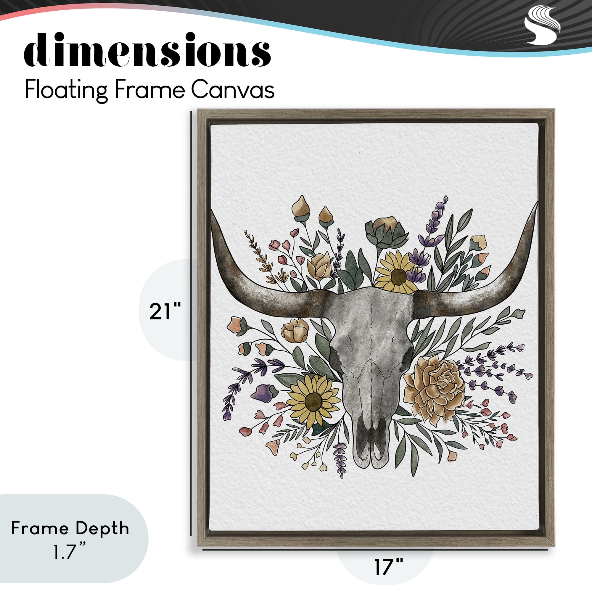 Stupell Industries Boho Wildflower Longhorn Brown Framed Floater Canvas Wall Art, design by Alisha Kiara Design