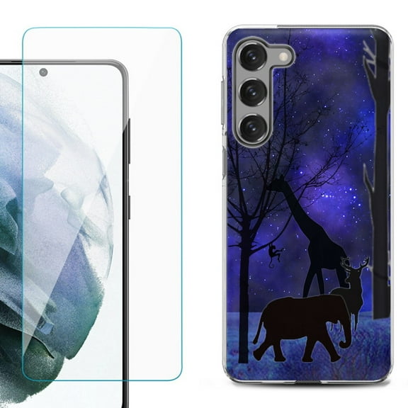 Shockproof Fashion Phone Case for Samsung Galaxy S23  / S23 Plus 5G, with Tempered Glass Screen Protector, by OneToughShield ® - Midnight Safari